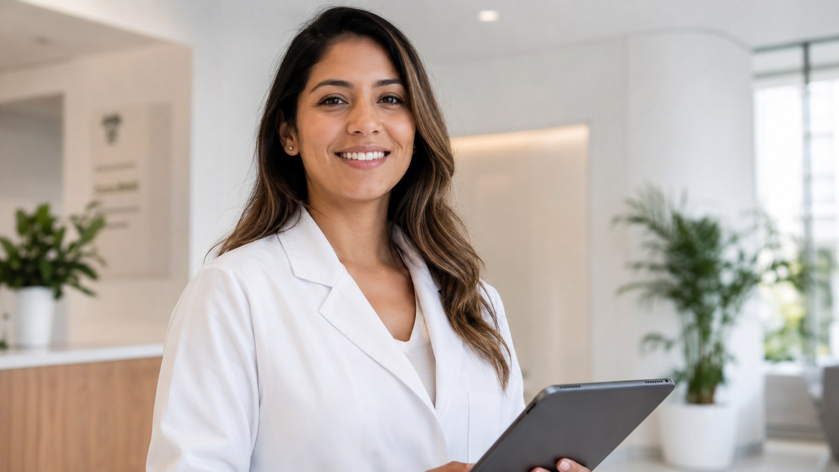 Profissional de saúde sorrindo com tablet em ambiente clínico